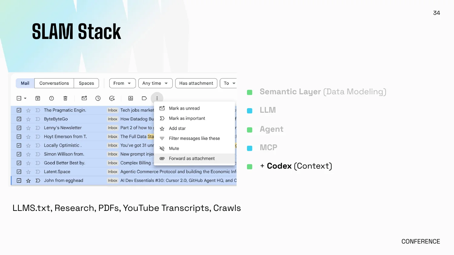 SLAM Stack, Codex (Context): Gmail's "Forward as attachment" menu. LLMS.txt, research, PDFs, YouTube transcripts and crawls go into the repo as context
