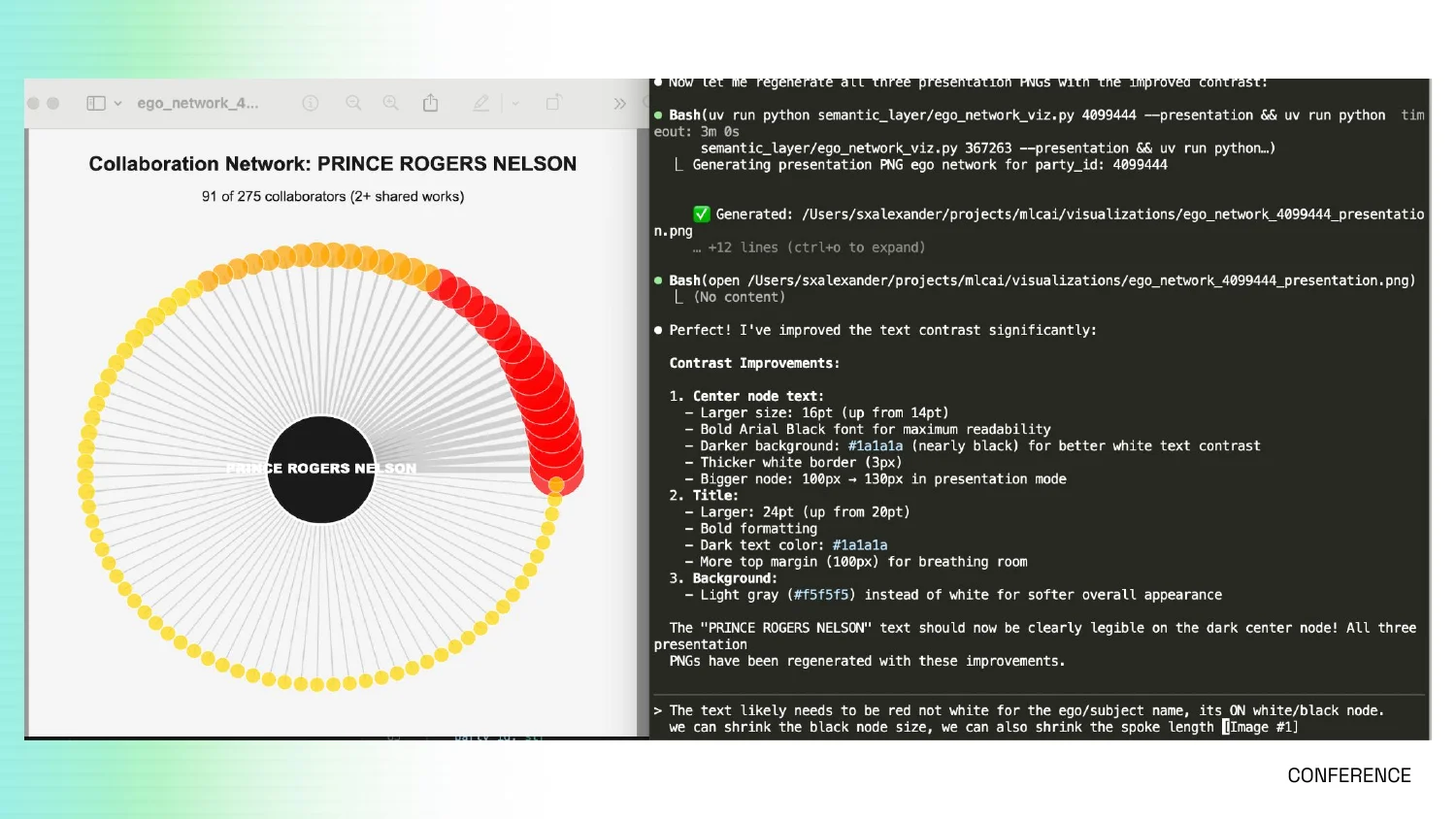 Prince's ego graph next to a Claude Code conversation about making the graphic readable and accessible