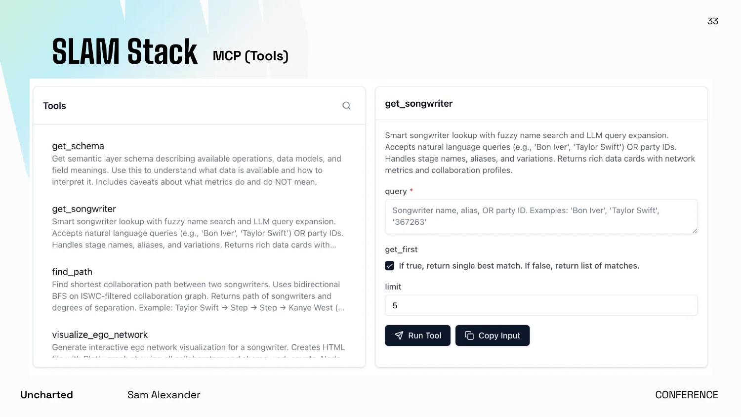 MCP tool list for the songwriter server: get_schema, get_songwriter, find_path, visualize_ego_network, each with a description written as instructions to the LLM
