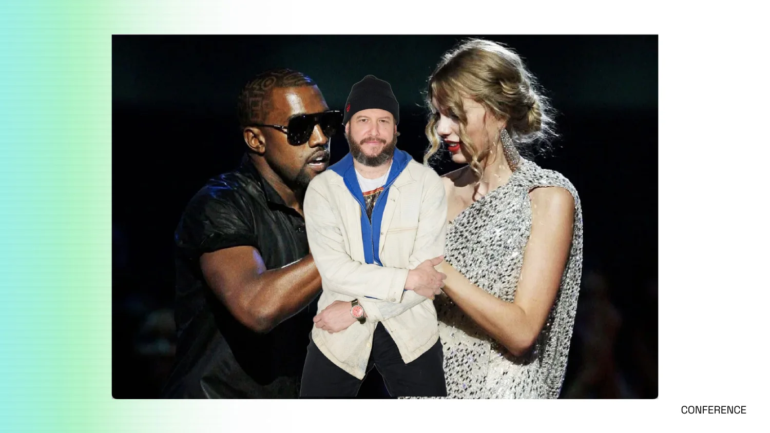 The 2009 VMAs stage moment between Kanye West and Taylor Swift, with Justin Vernon edited in between them
